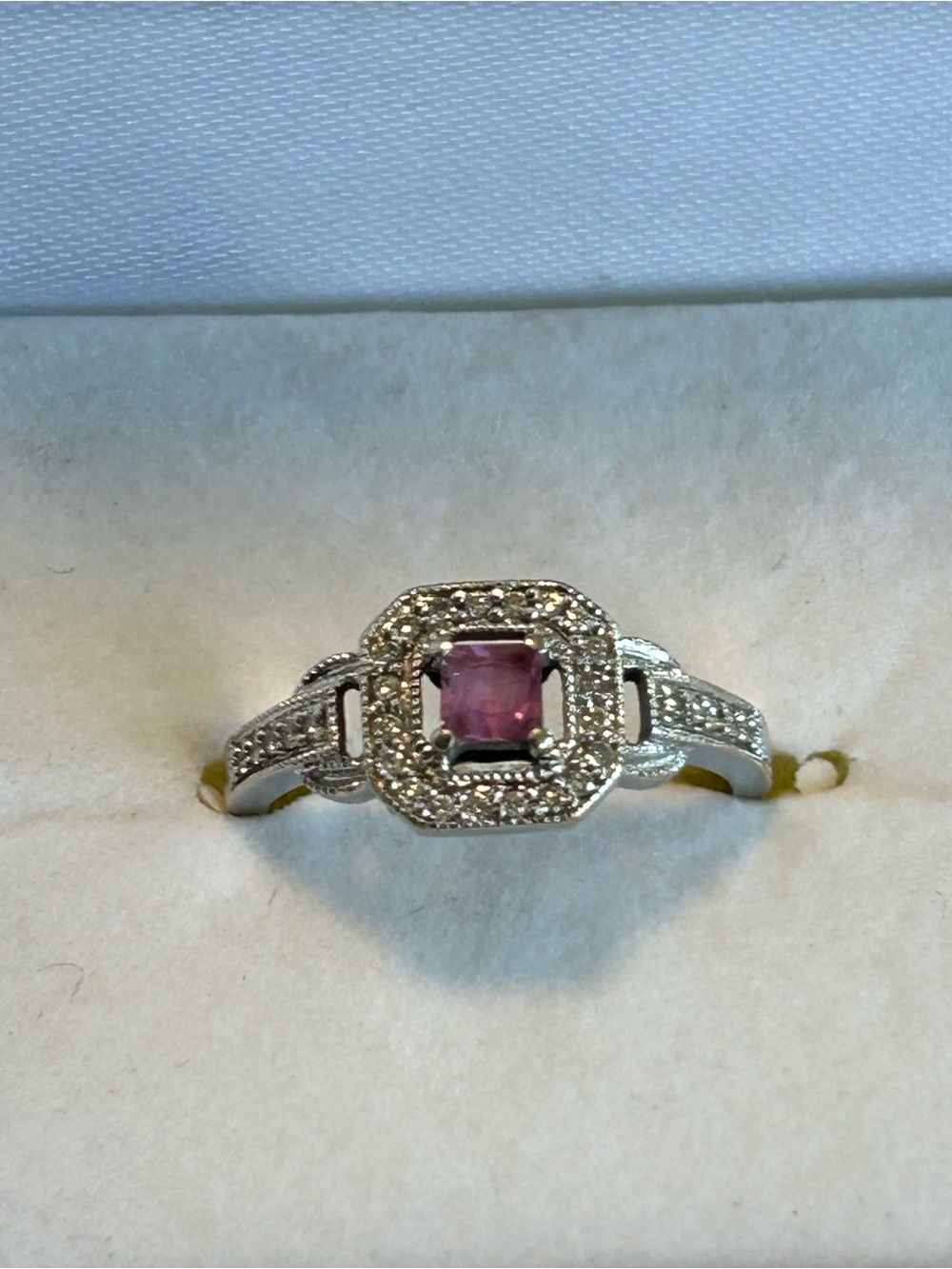 Art Deco style 14k white gold Pink Sapphire Ring with Pavé Accents
